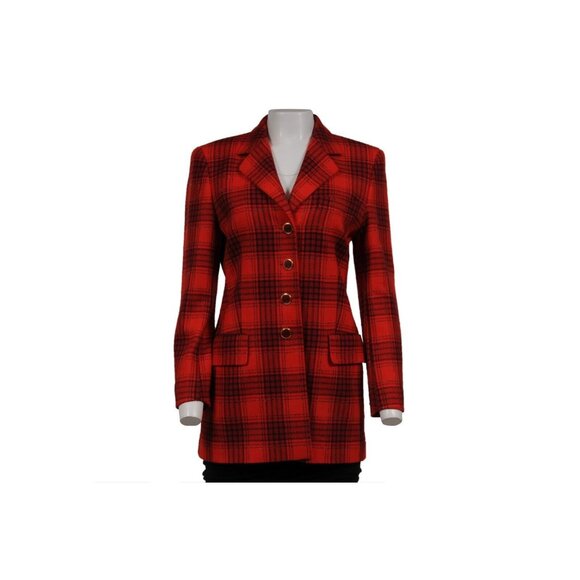Escada Vintage Plaid Coat 36 Red Black Wool Rayon Both Button Blazer Jacket